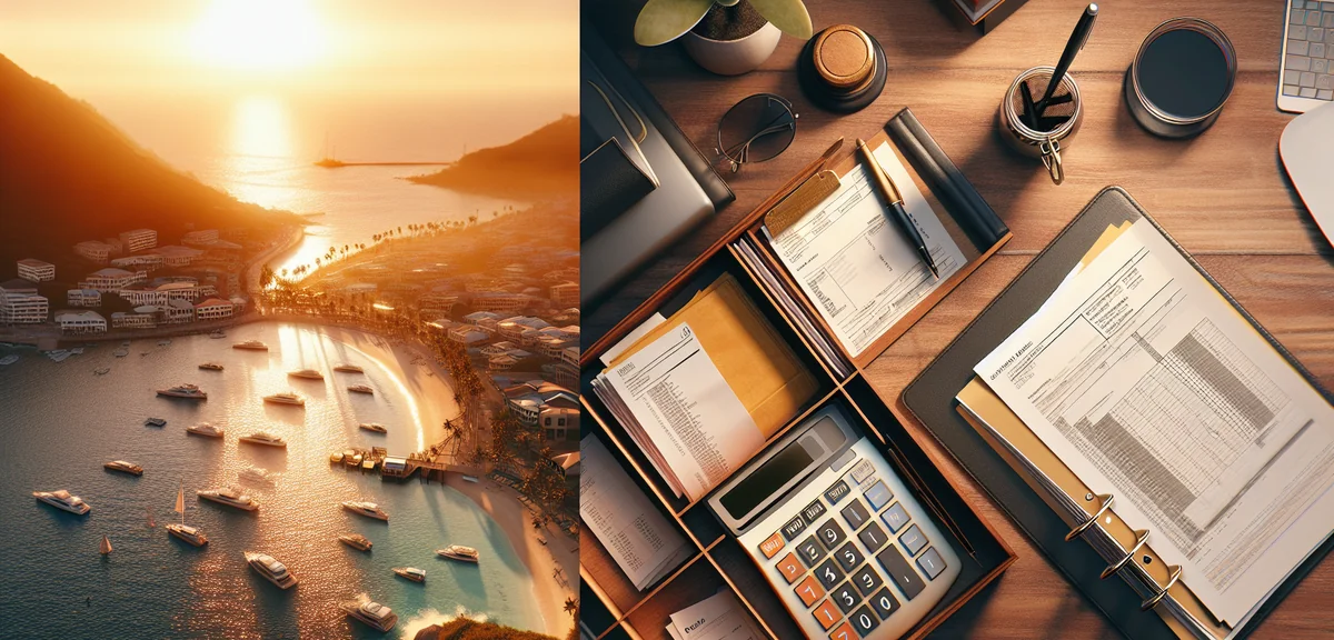 Organized tax documents and receipts in folders on wooden desk with calculator and pen, cinematic ph