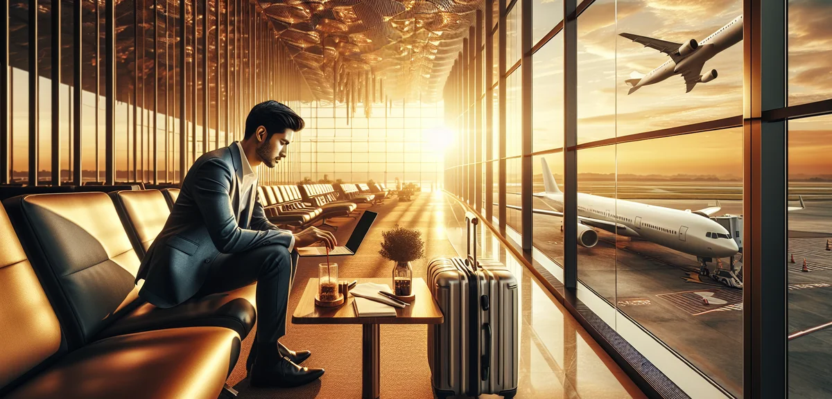 Business traveler with laptop working at airport lounge with runway view through large windows, cine