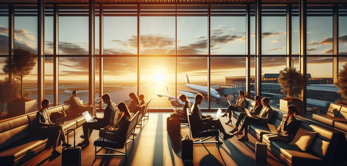 Business traveler with laptop working at airport lounge with runway view through large windows, cine