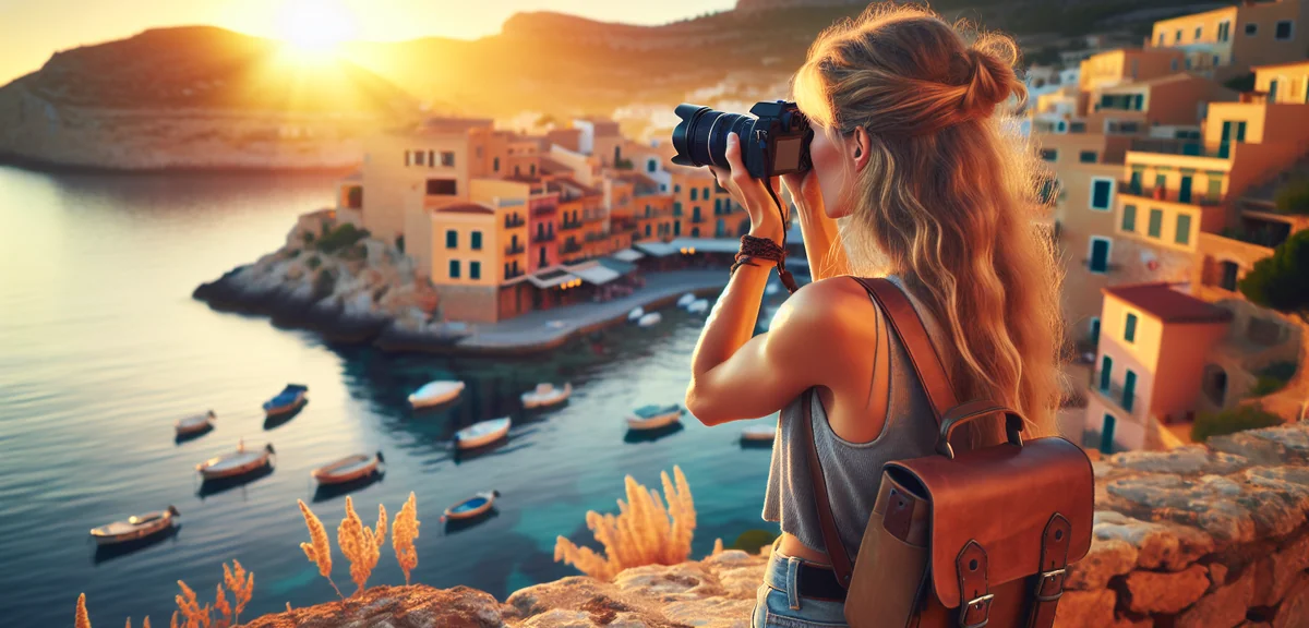 Travel blogger taking photos of scenic coastal town with professional camera and notebook, cinematic