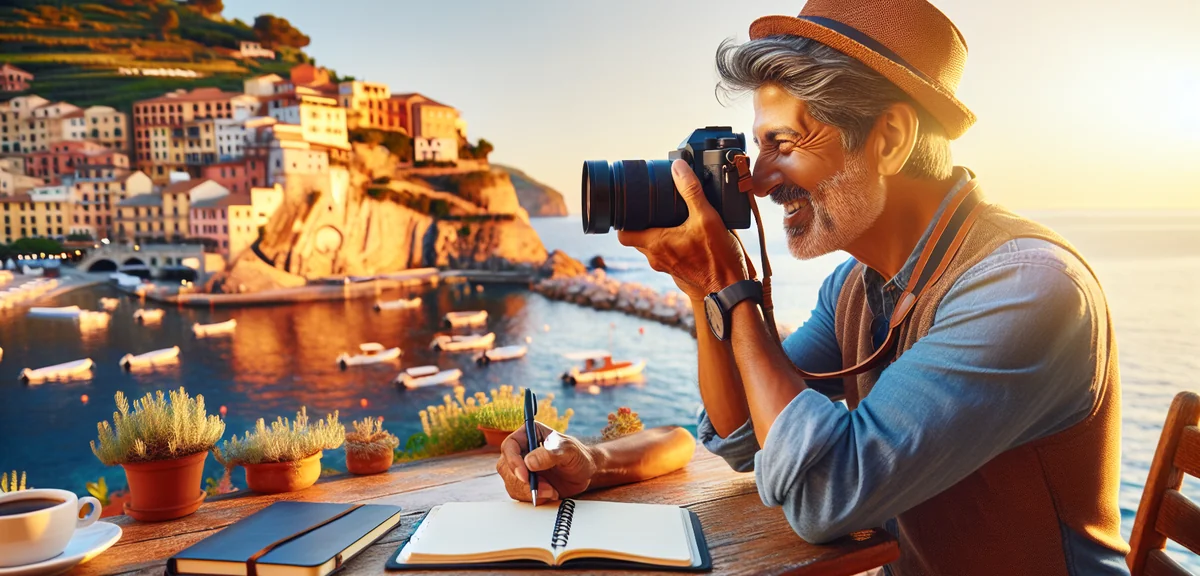 Travel blogger taking photos of scenic coastal town with professional camera and notebook, cinematic