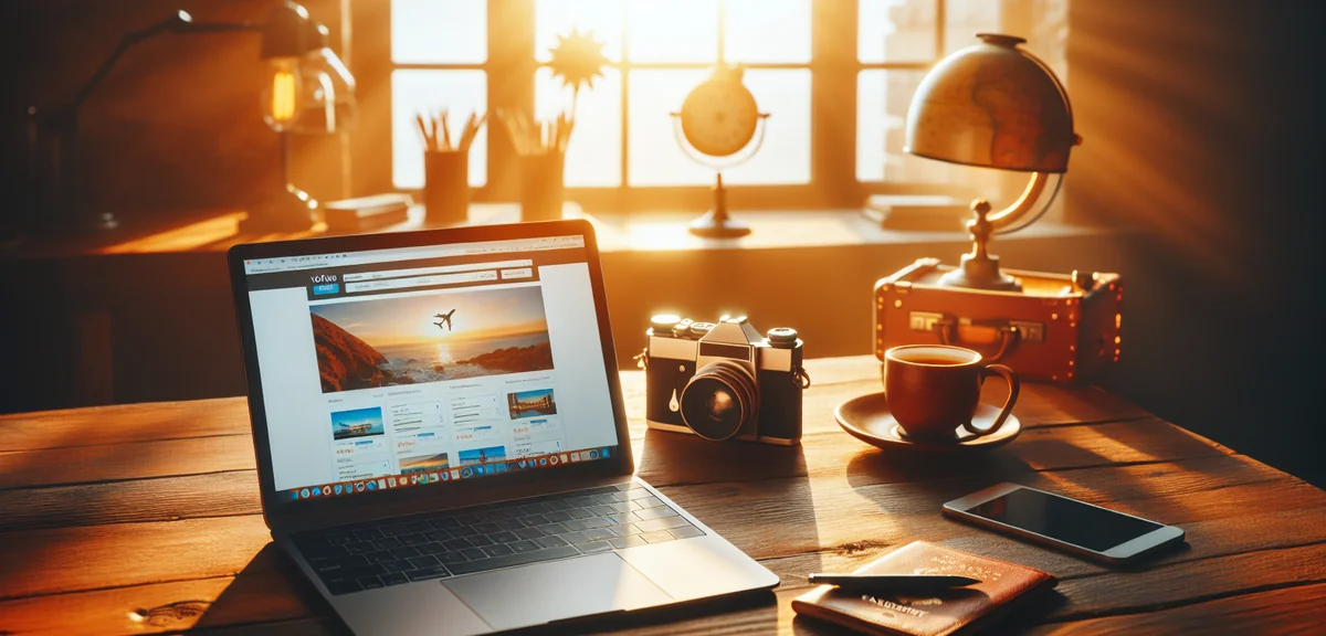 Laptop screen showing travel booking comparison website with coffee cup and passport on wooden desk,