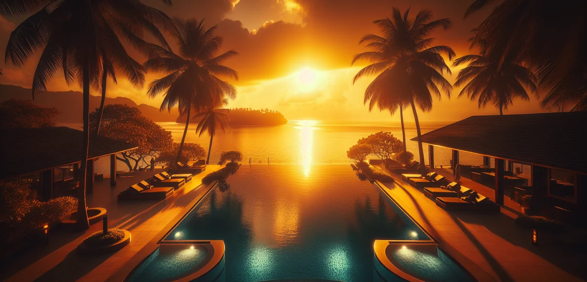 Beautiful infinity pool at tropical resort overlooking ocean at golden hour, cinematic photography,