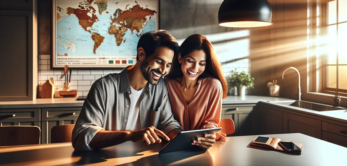 Happy couple planning vacation together on tablet at modern kitchen table with world map poster on w