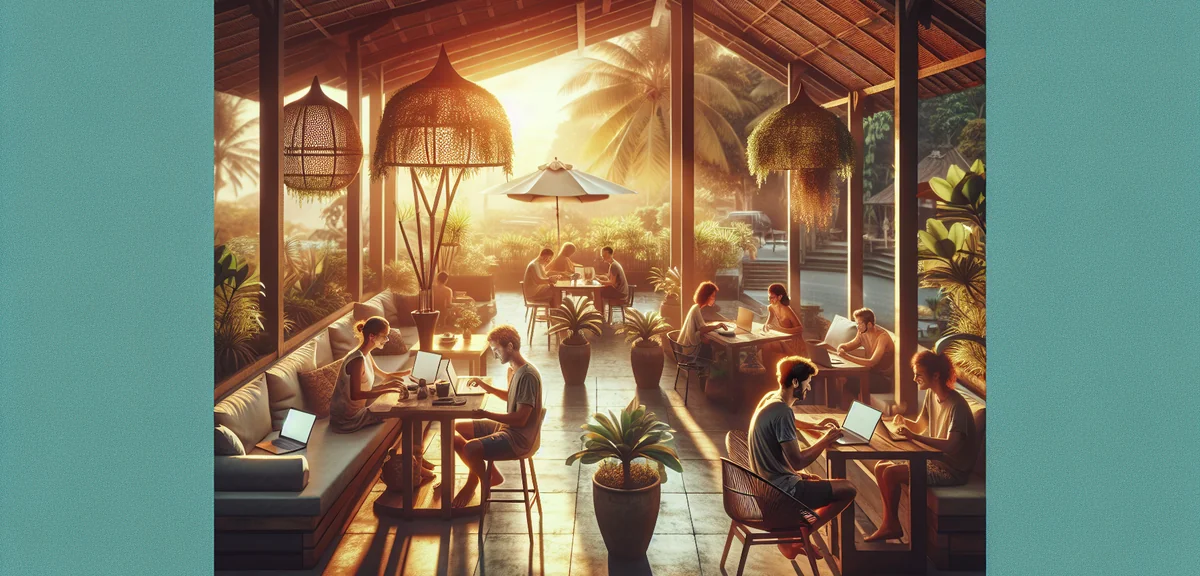 Coworking space in Bali with open air design tropical plants and young professionals working on lapt