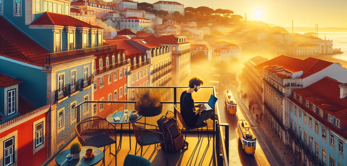 Stunning Lisbon cityscape with colorful buildings and tram from rooftop terrace where traveler works
