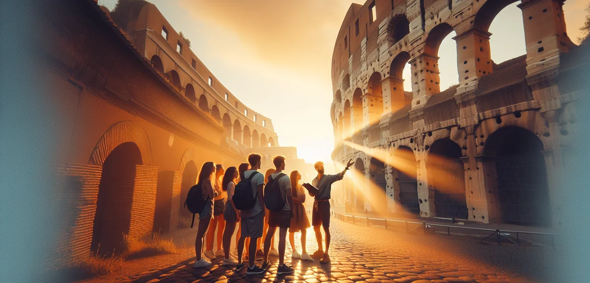 Private guided tour of ancient Roman Colosseum with small group and professional guide at sunrise, c