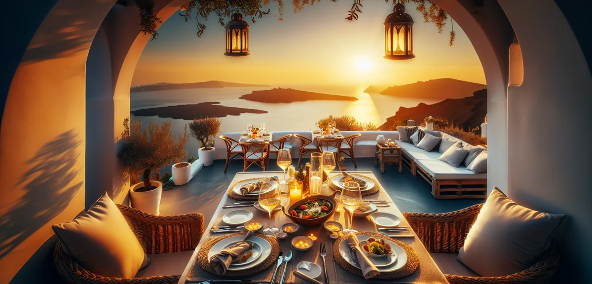 Luxury fine dining experience on outdoor terrace overlooking Santorini caldera with candlelight and