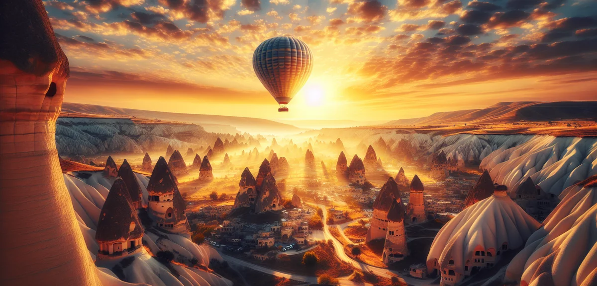 Hot air balloon ride over Cappadocia fairy chimneys at golden sunrise with panoramic landscape view,