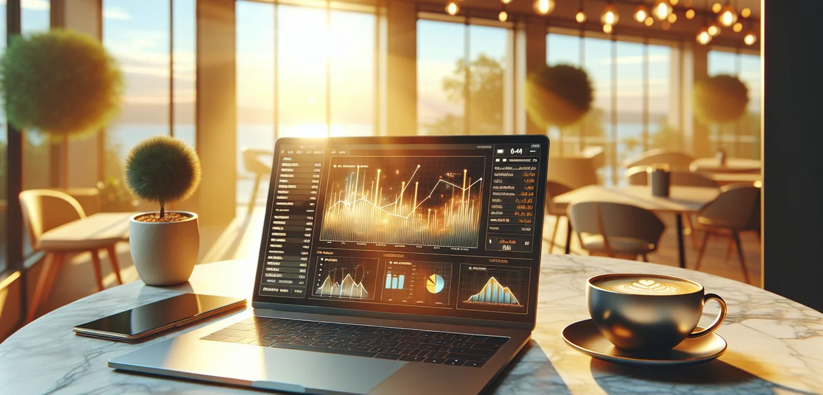 Multiple income streams concept with laptop showing financial graphs and coffee cup on marble desk, 