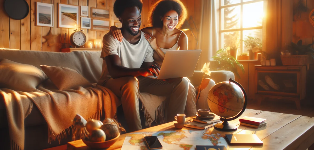 Couple excitedly planning travel on laptop with world map and passport nearby, cinematic photography