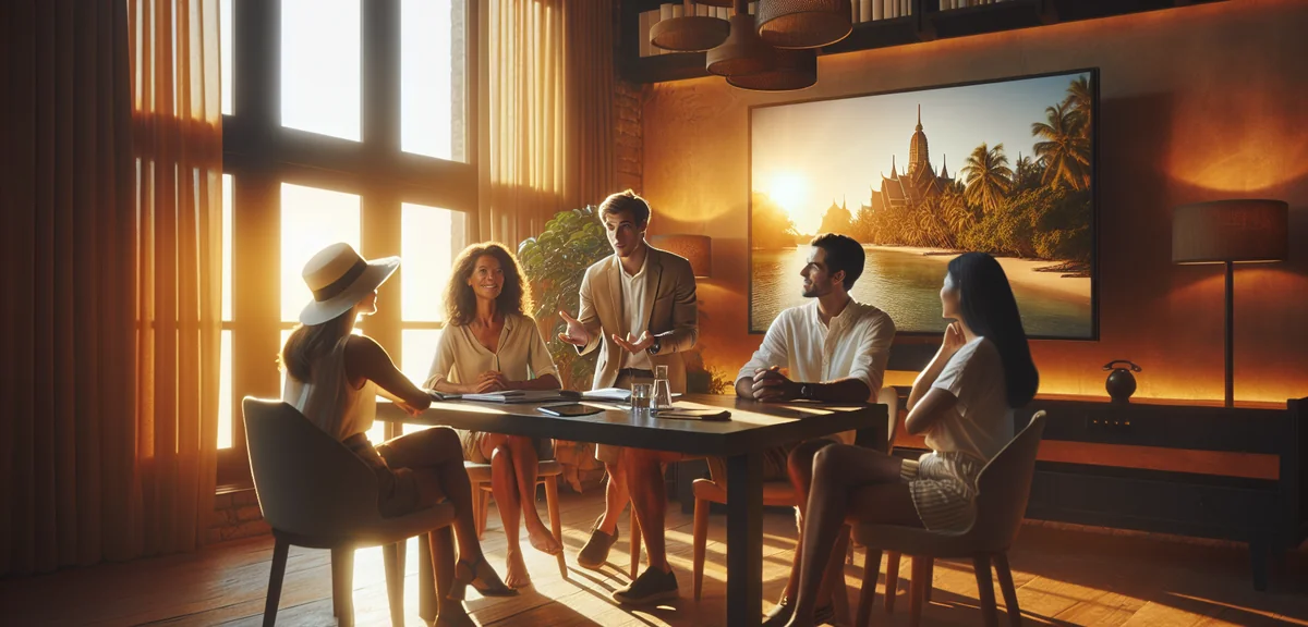 Professional giving travel presentation to small group in stylish meeting room, cinematic photograph