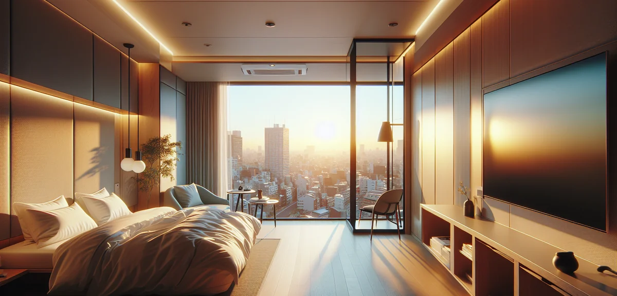 Modern budget hotel room in Japan with clean minimalist interior and city view from window, cinemati