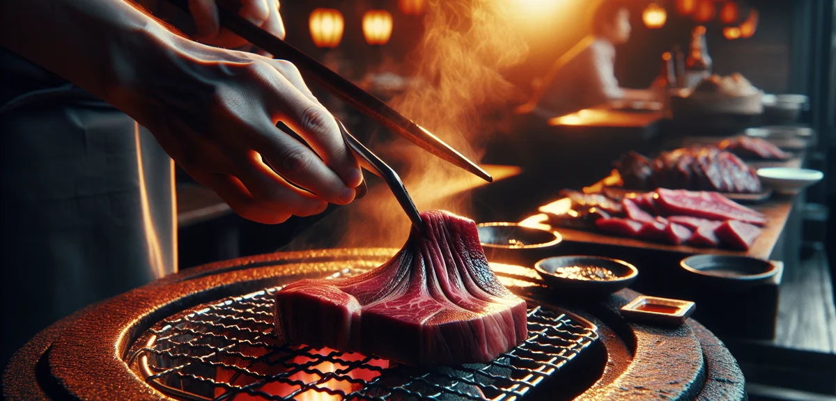 Grilled thick-cut beef tongue gyutan on charcoal grill at traditional Sendai restaurant, cinematic f