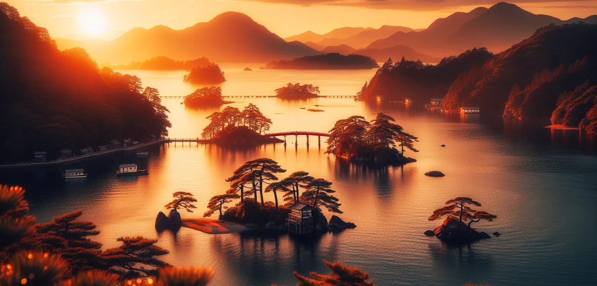 Matsushima Bay scenic view with pine tree islands and traditional red bridge at sunset, cinematic ph