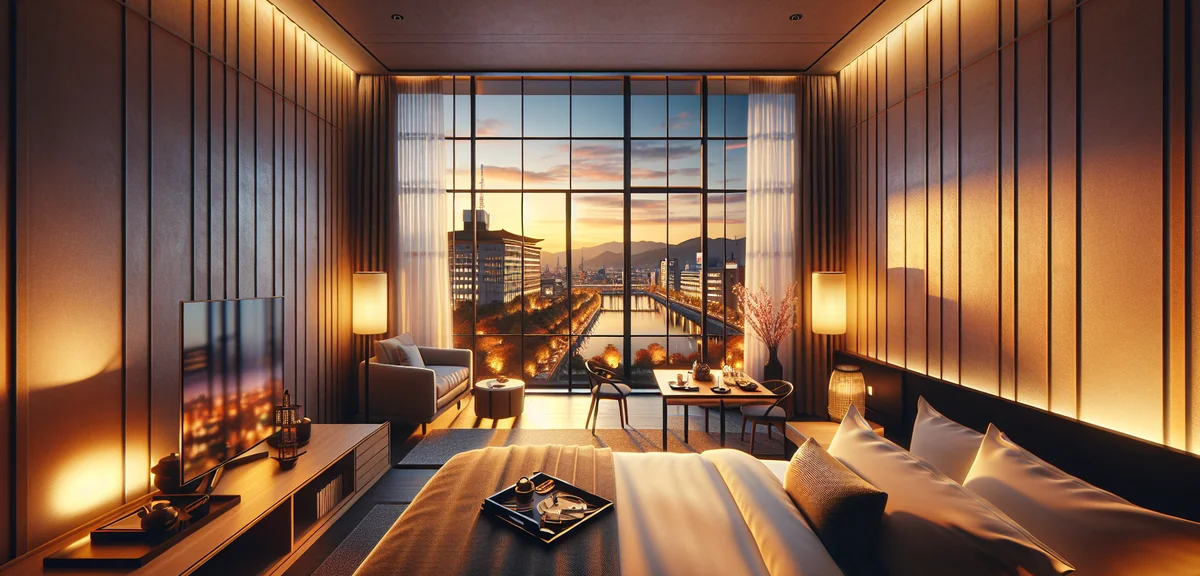 Clean modern Japanese business hotel room with large window overlooking Hiroshima cityscape at dusk,