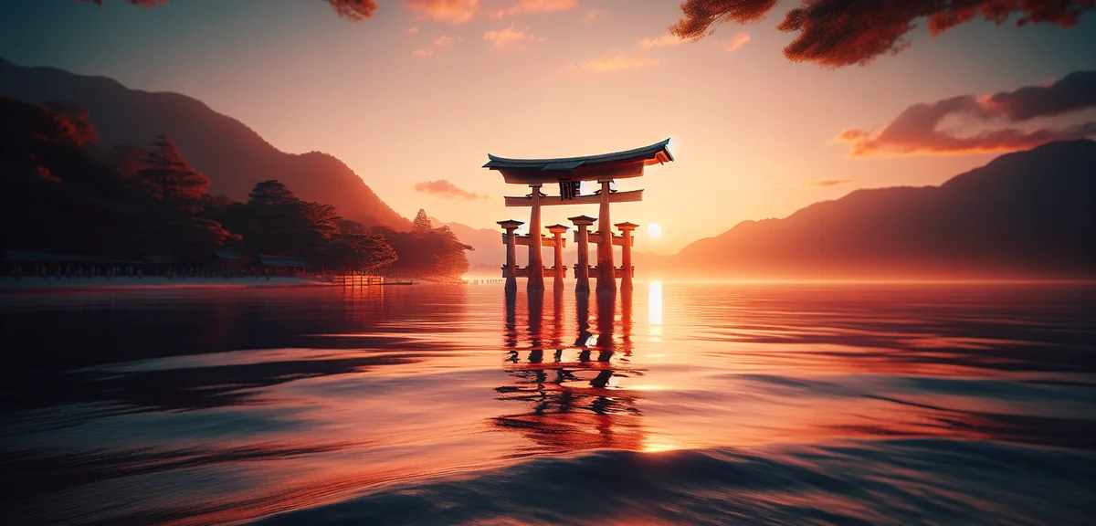 Itsukushima Shrine floating torii gate at Miyajima Island with calm water reflection at sunset, cine