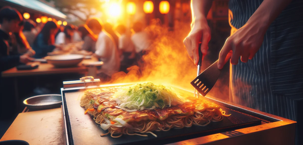 Hiroshima style okonomiyaki being prepared on hot iron griddle with layered noodles and cabbage, cin