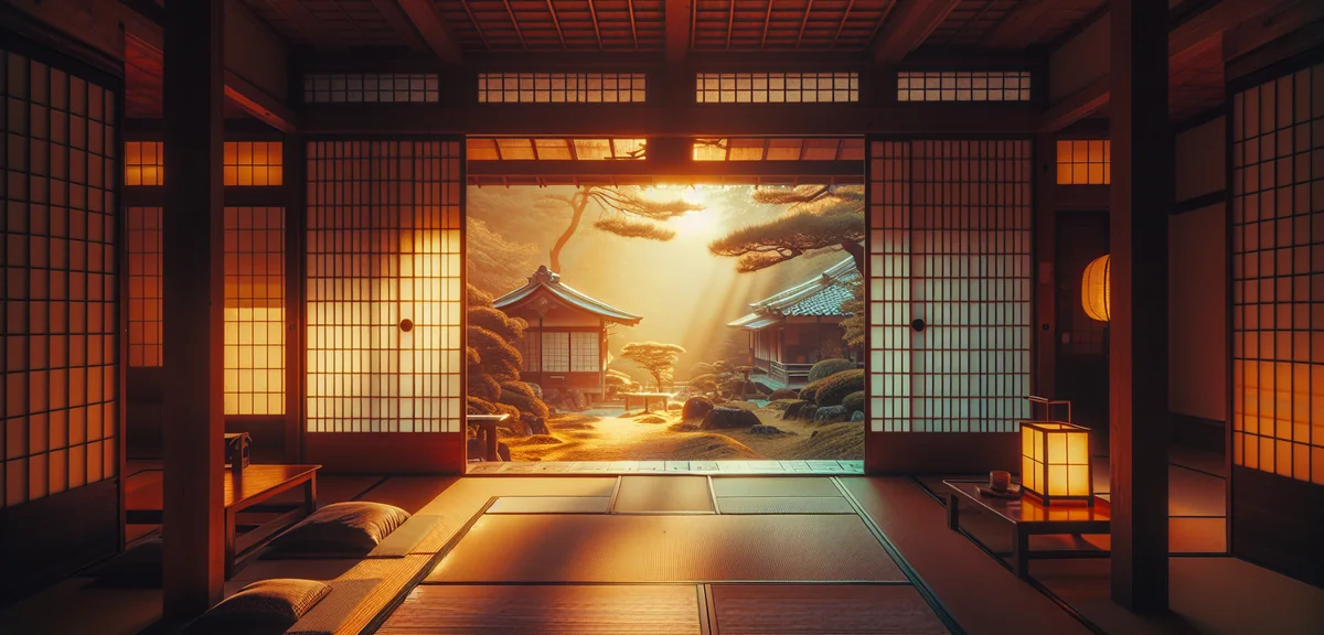 Traditional Japanese ryokan room with tatami mats and sliding doors overlooking Kanazawa garden, cin