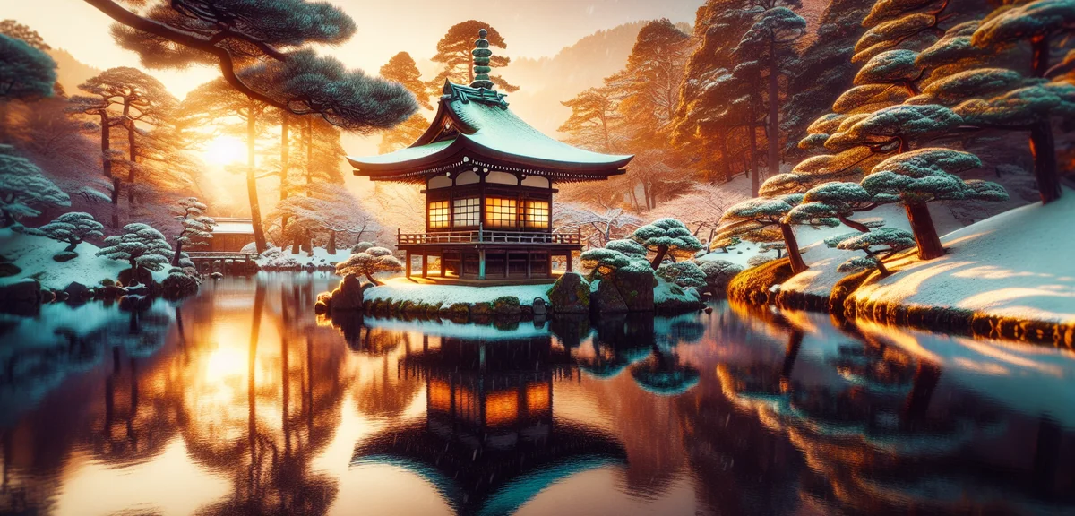 Kenrokuen Garden in Kanazawa with snow-covered lantern Kotojitoro and pond reflection, cinematic pho