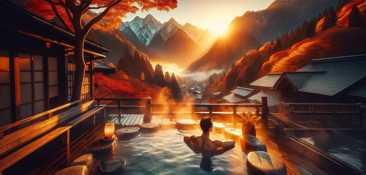 Solo traveler relaxing in outdoor onsen hot spring with mountain view and autumn foliage, cinematic 