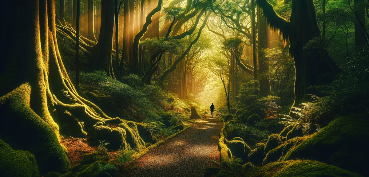 Lone hiker on Yakushima ancient cedar forest trail with mystical moss-covered trees, cinematic photo