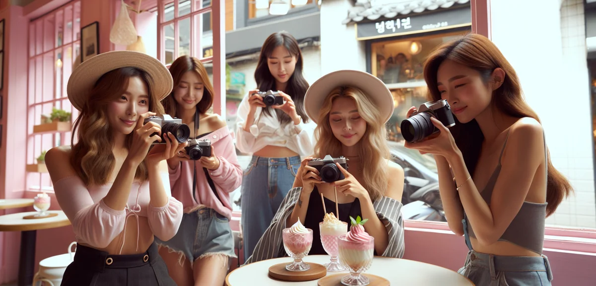 Group of female friends taking photos at iconic pink wall cafe in Seoul with Instagram-worthy desser