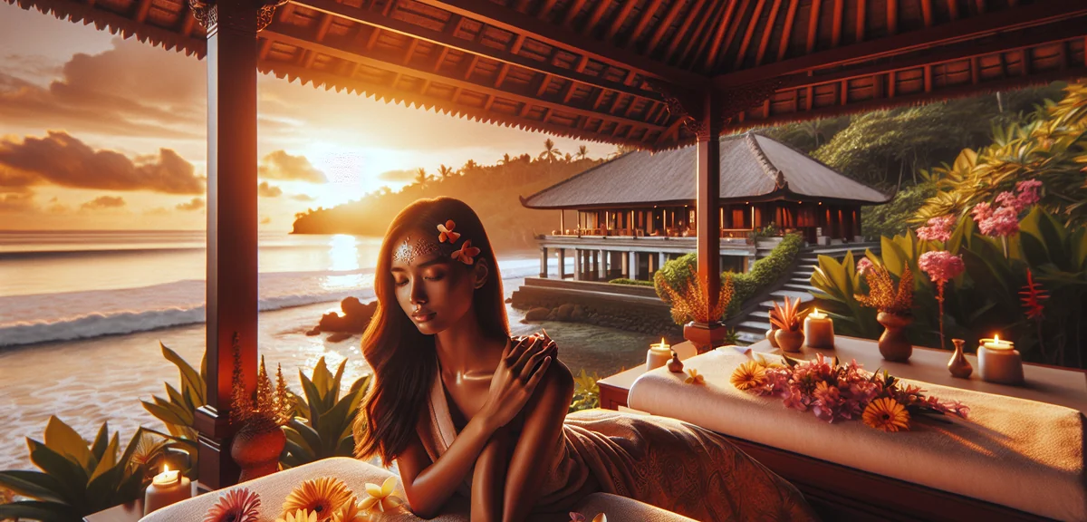 Young woman enjoying luxury spa treatment with tropical flowers and ocean view from open-air pavilio