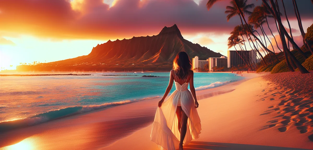 Female traveler in white dress walking along turquoise beach in Hawaii with Diamond Head in backgrou