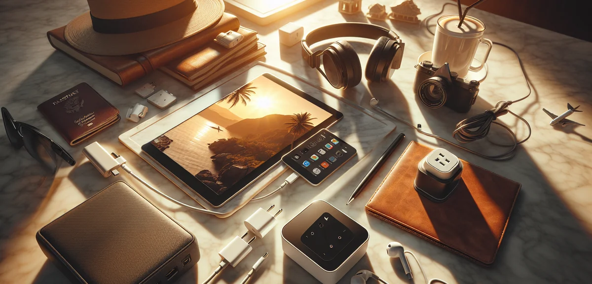 Travel electronics and gadgets neatly arranged including universal adapter, portable charger, noise-