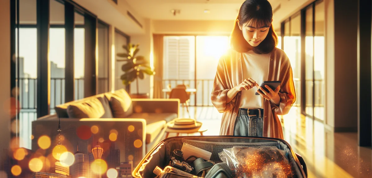 Young Japanese woman checking packing list on smartphone while organizing carry-on bag in bright mod