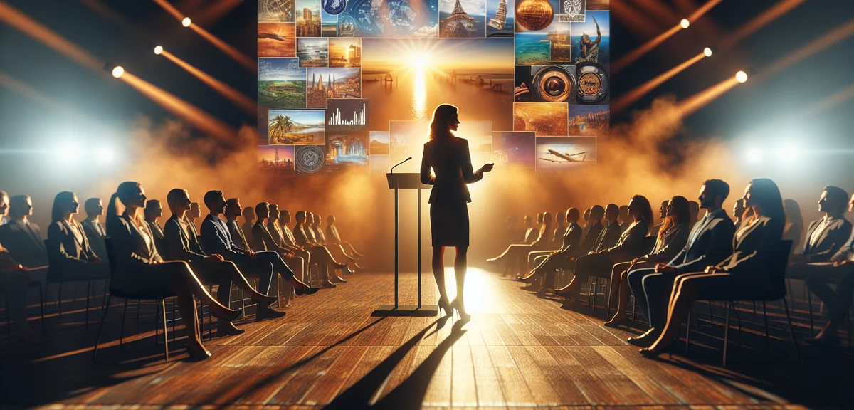 Business conference stage with professional speaker presenting to large audience with travel industr