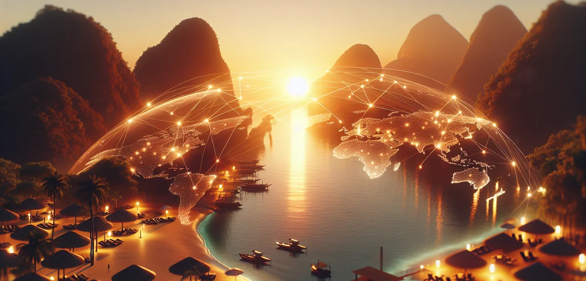 Global business network concept with world map and connected points of light representing internatio