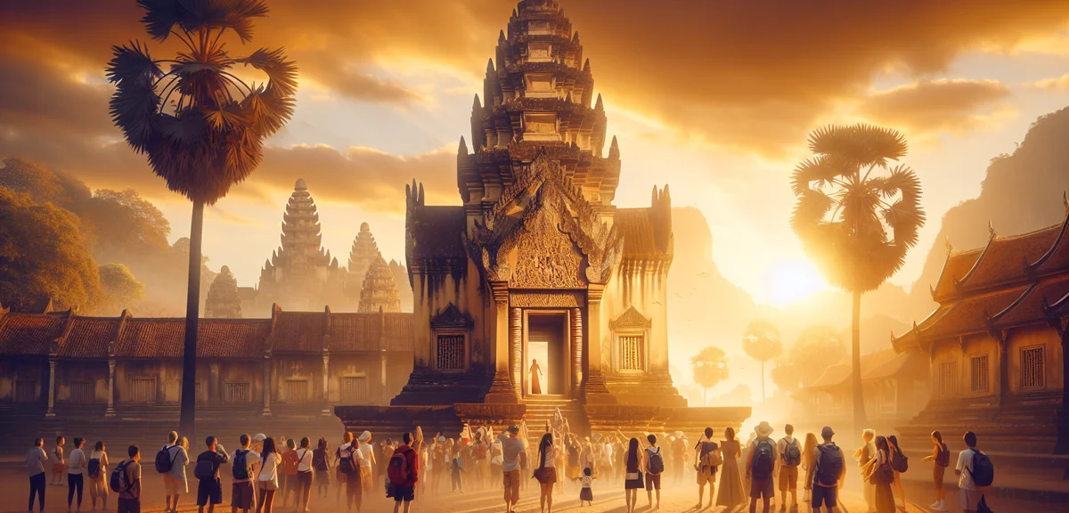 Crowded famous tourist destination with diverse international travelers at ancient temple in Southea