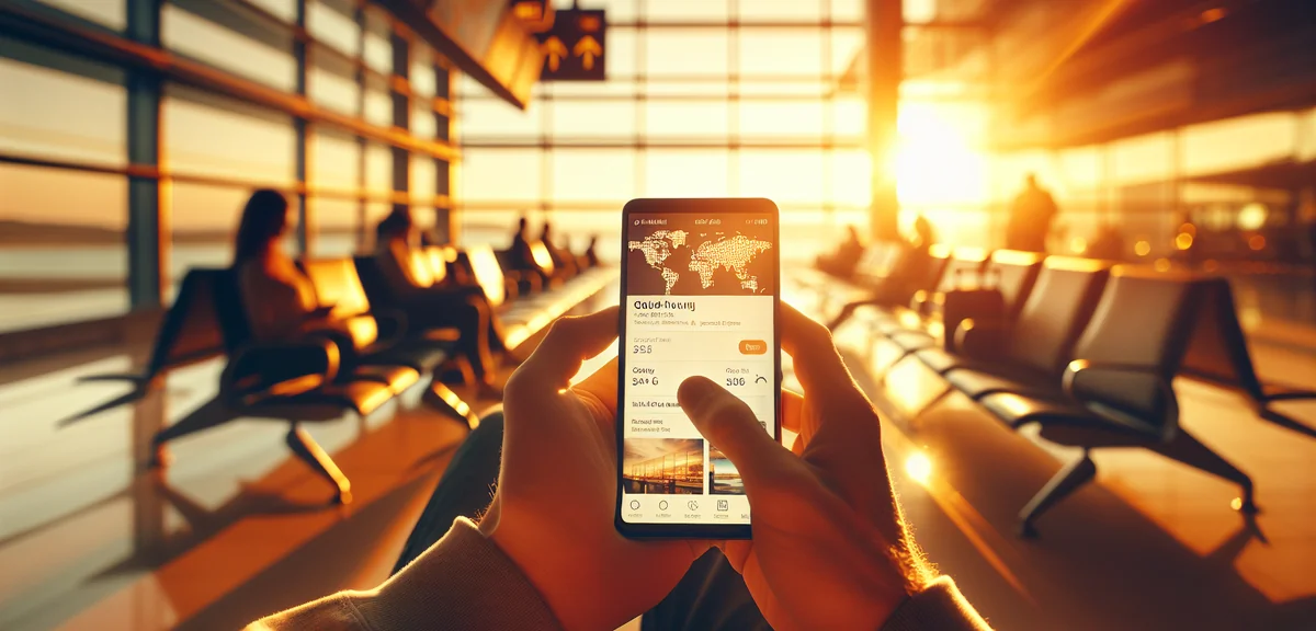 Modern smartphone showing travel booking app interface with world map and hotel search results, held