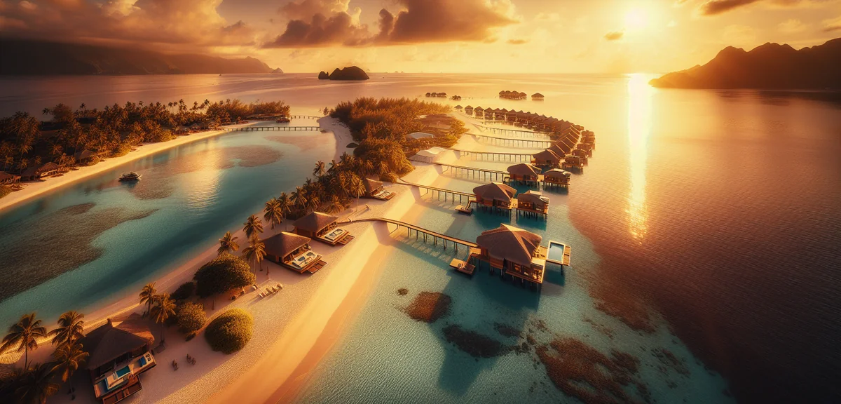 Panoramic view of luxury resort beach with crystal clear water and overwater bungalows stretching to