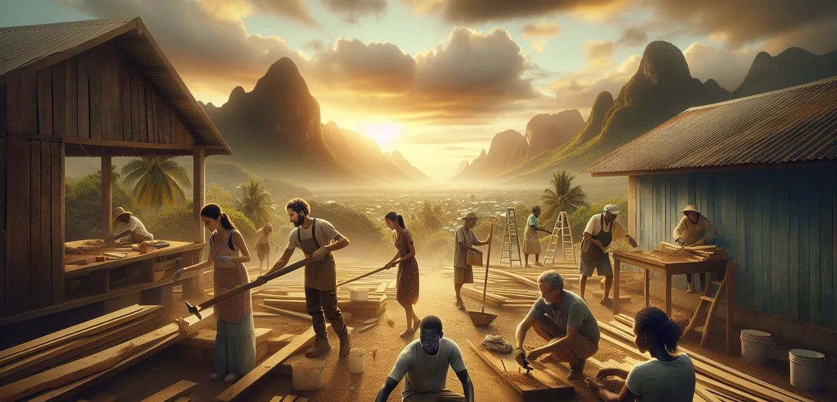 Volunteer group building school in tropical rural community with mountains in background, cinematic