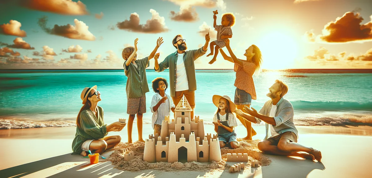 Happy family on luxury beach vacation with children building sandcastle and turquoise ocean, cinemat
