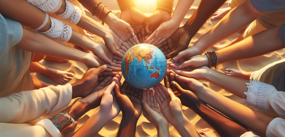 Hands of diverse people forming circle holding small globe together symbolizing global unity and cha