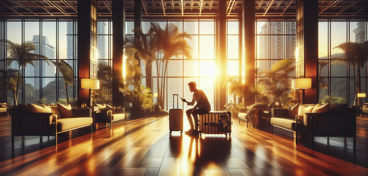 Traveler using smartphone chat app for customer support while sitting in stylish hotel lobby with lu