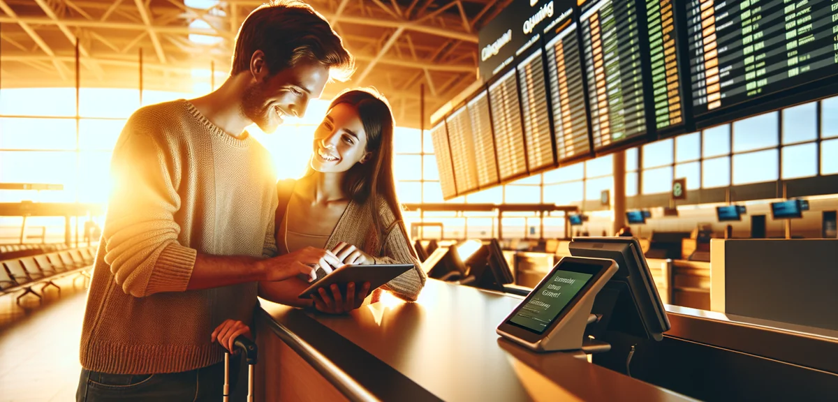 Happy couple at airport check-in counter receiving upgrade confirmation on tablet screen, bright ter