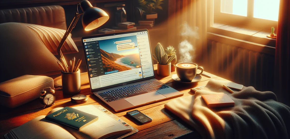 Close-up of laptop screen showing live chat support conversation with travel booking confirmation, c