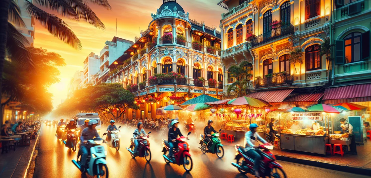 Bustling Ho Chi Minh City street with colorful motorbikes and French colonial architecture, vibrant