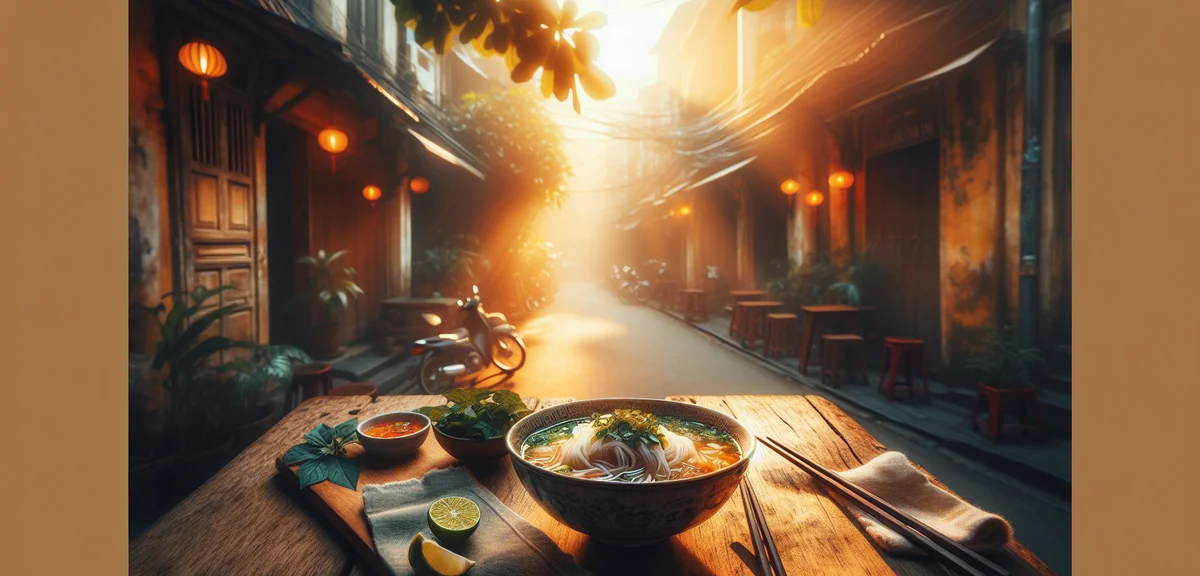 Traditional Vietnamese pho noodle soup bowl with fresh herbs and lime on rustic wooden table at stre