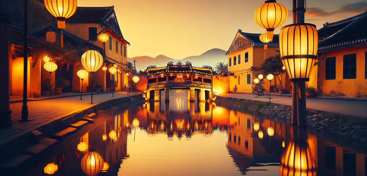 Ancient Hoi An lantern-lit street at twilight with yellow buildings and Japanese covered bridge refl