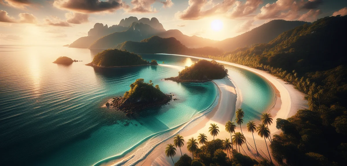 Crystal clear turquoise water and white sand beach of Langkawi island with lush green mountains in b