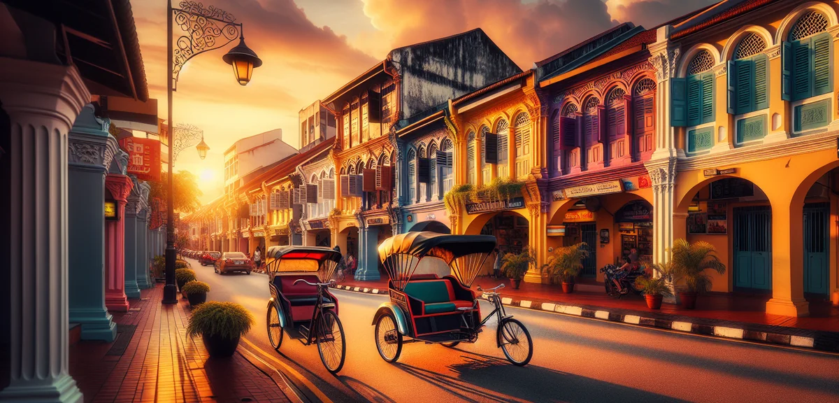 Colorful Georgetown Penang street art and heritage shophouses with rickshaw in foreground, cinematic