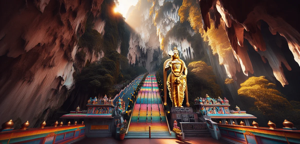 Dramatic limestone entrance of Batu Caves with rainbow-colored staircase and golden Murugan statue,