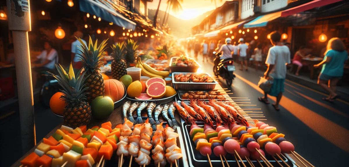 Colorful Thai street food market in Phuket Old Town with grilled seafood skewers and tropical fruits