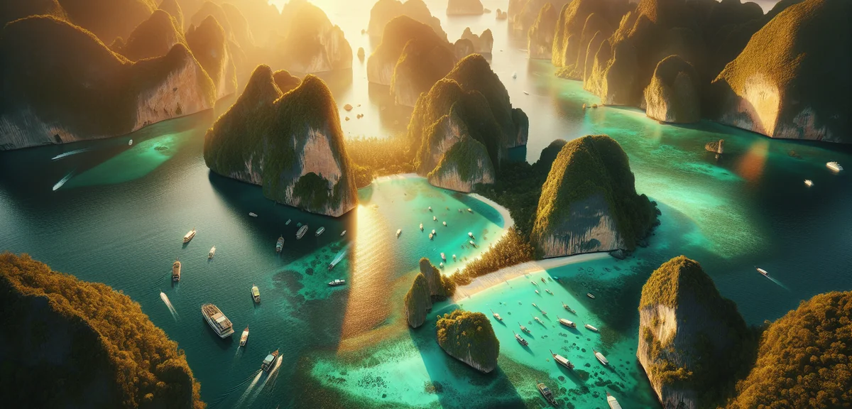 Phi Phi Islands aerial view with emerald green water surrounded by limestone cliffs and boats, brigh